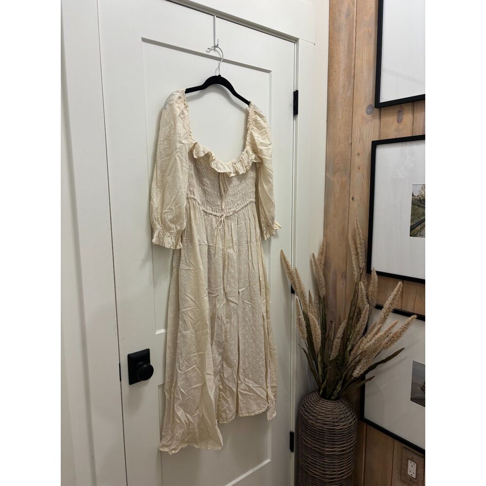 Cream Swiss Dot Smocked Midi Dress with Puff Sleeves